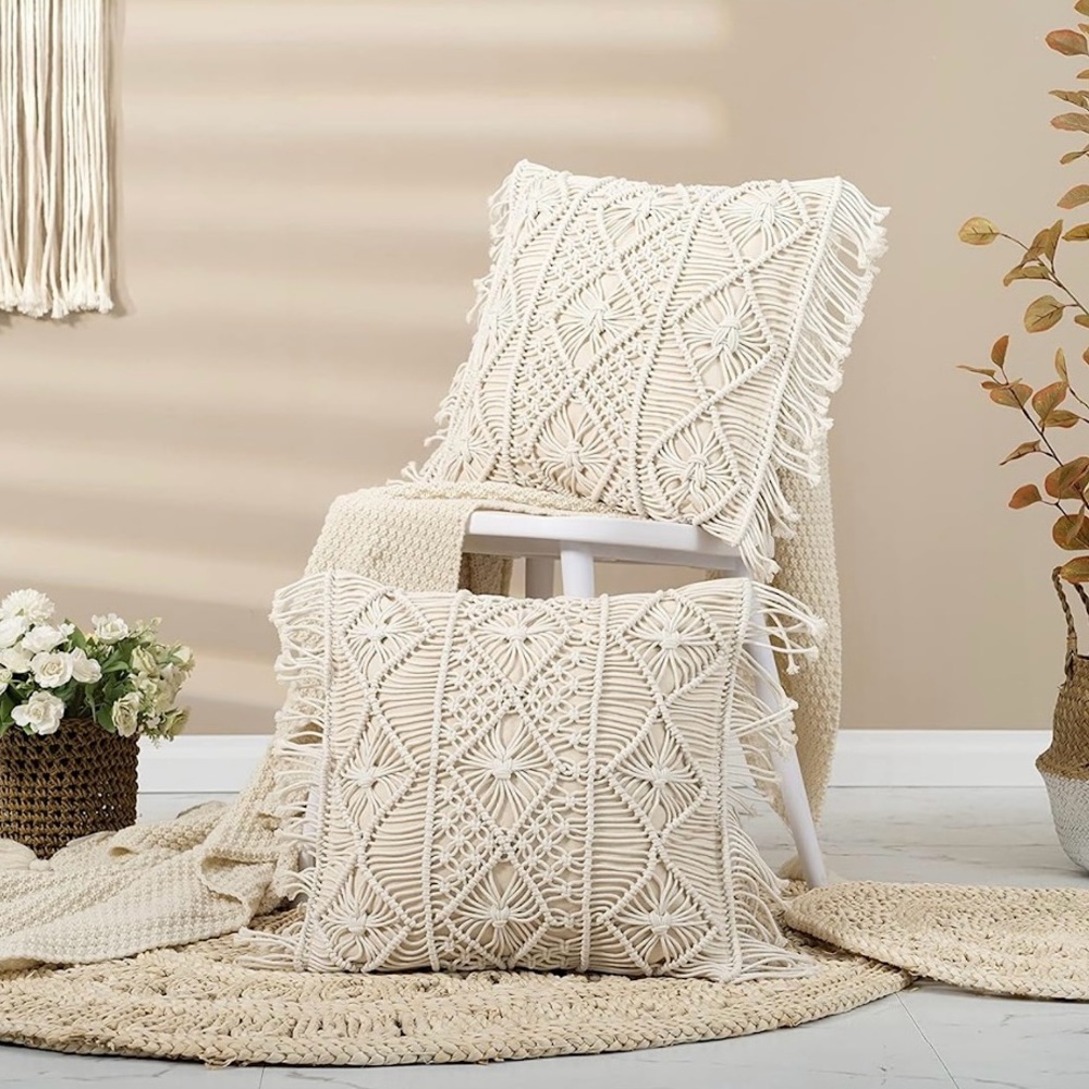 NWT Handmade Macrame Boho Boutique Pillow Cases W/Inserts